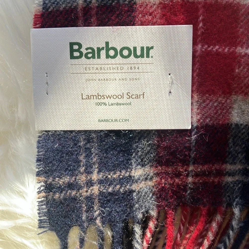 Barbour Red and Navy Plaid Tartan lambswool Fringe Scarf